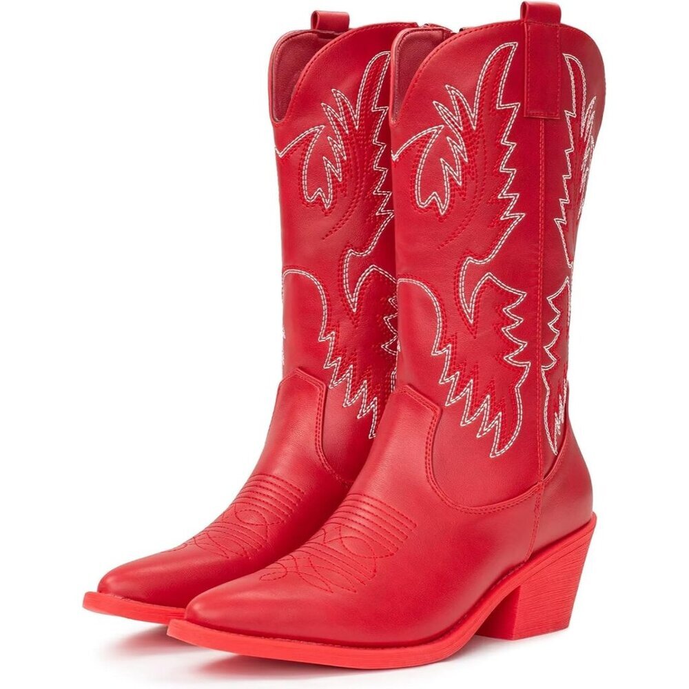 Women's Red Embroidery Western Cowgirl Boots Classic Pull On Pointy Toe Mid Calf
